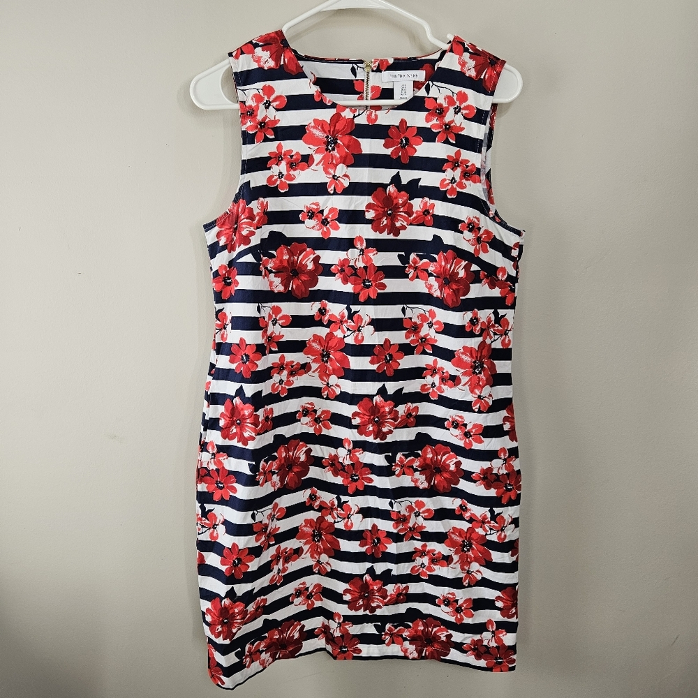 Sleeveless Navy Red Floral Striped Shift Dress Tabitha Webb Anthropologie Size 8